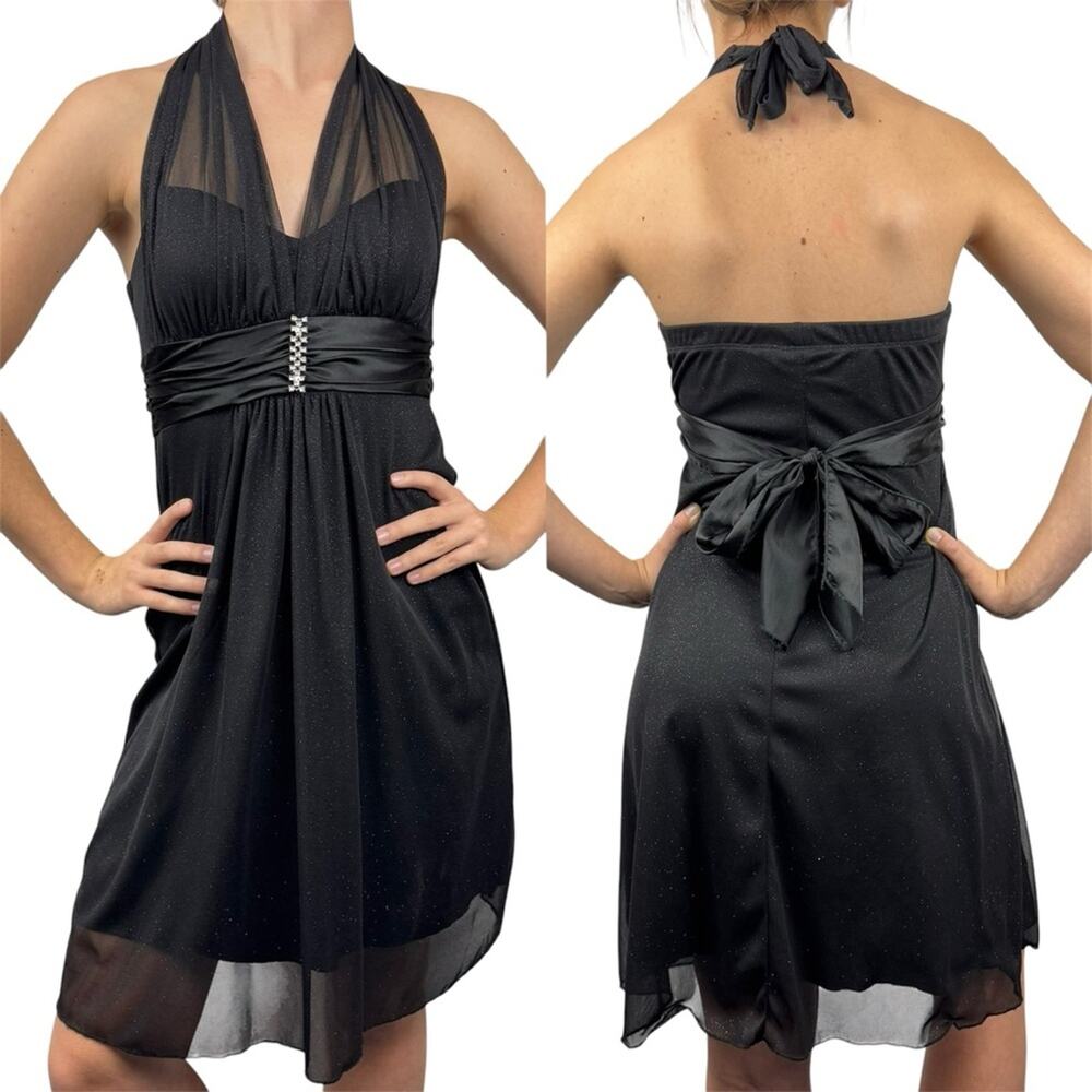 Vintage Y2K Shimmer Sparkle Halter Formal Mini Dress Black Whimsigoth Fairy‎ XS